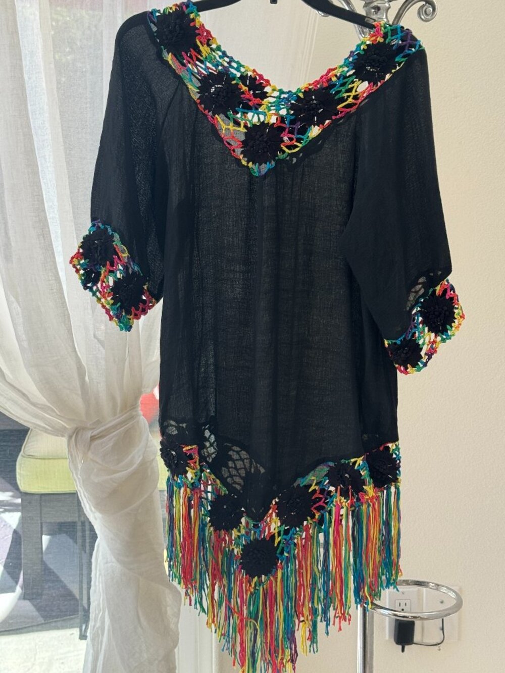 Black Boho Crochet Floral Fringe Beach Cover-Up Tunic